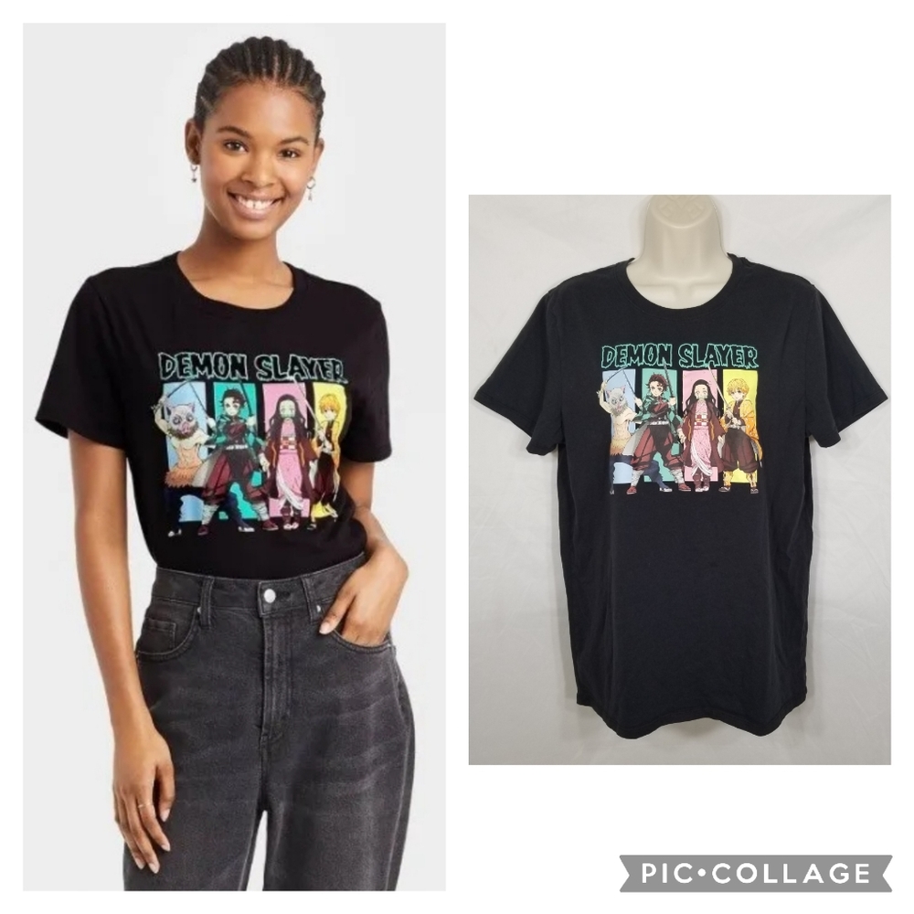 Womens Demon Slayer Tanjiro Nezuko Zenitsu Inosuke Graphic T-Shirt Black Size L